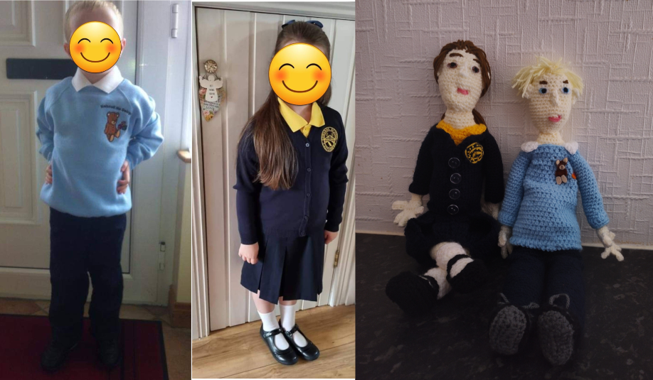 A photo of a boy and a girl in school uniform with their faces covered by cartoon smiley faces to hide their identities. Next to them on the right is a photo of the two crochet toys. The girl is wearing a navy blue jumper and pleated skirt with white socks and black strap over school shoes. She has on a yellow shirt under the jumper and there is a round yellow school logo on it. She has long brown hair and brown eyes. The boy is wearing navy trousers and black shoes. He has blonde hair and blue eyes. He has on a white shirt under a blue jumper which has a teddy bear logo on it
