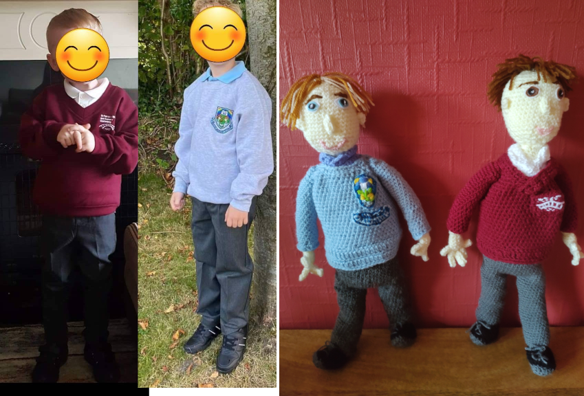 A photo showing two boys in school uniform with their faces covered by cartoon smiley faces. On the right are the two crochet dolls made from the photos. One has on a blue school uniform jumper with a school shield on it and a blue shirt. He has brown-blonde hair and blue eyes. The other has on a white shirt and maroon jumper with a school logo on it. He has brown hair and eyes. Both are wearing grey trousers and black shoes.