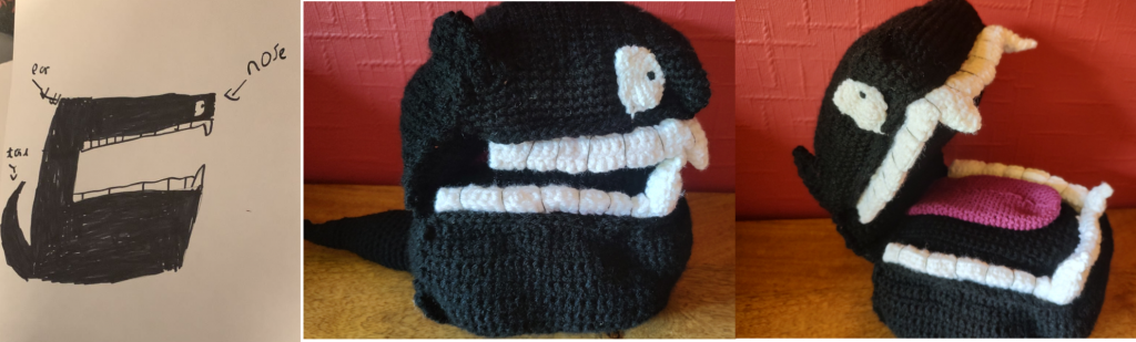 A photo of a black boxy dog head with the crochet toy next to i showing a side view with white sharp canine teeth, and next to that the mouth wide open showing the big pink tongue sharp top and bottom teeth.