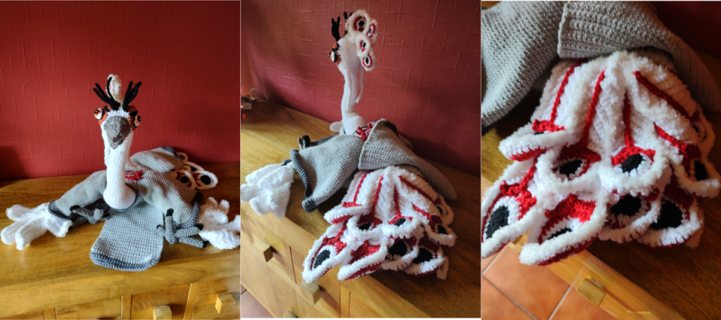 Three photos of a crochet version of Lord Shen from Kung Fu Panda next to one another. The first shows him from the front with his grey beak and clothing and his wings outstretched. The second show him from the rear with his red, white and black peacock feathers displayed. The third image is a close up of the feathers on his tail.