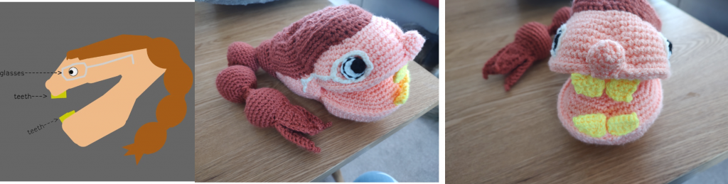 A photo of a drawing of long head with a brown pony tail and the two photos of the crochet toy next to it, one from the side view and one from the front. The head has two large yellow buck teeth at the top and bottom and is wearing white glasses