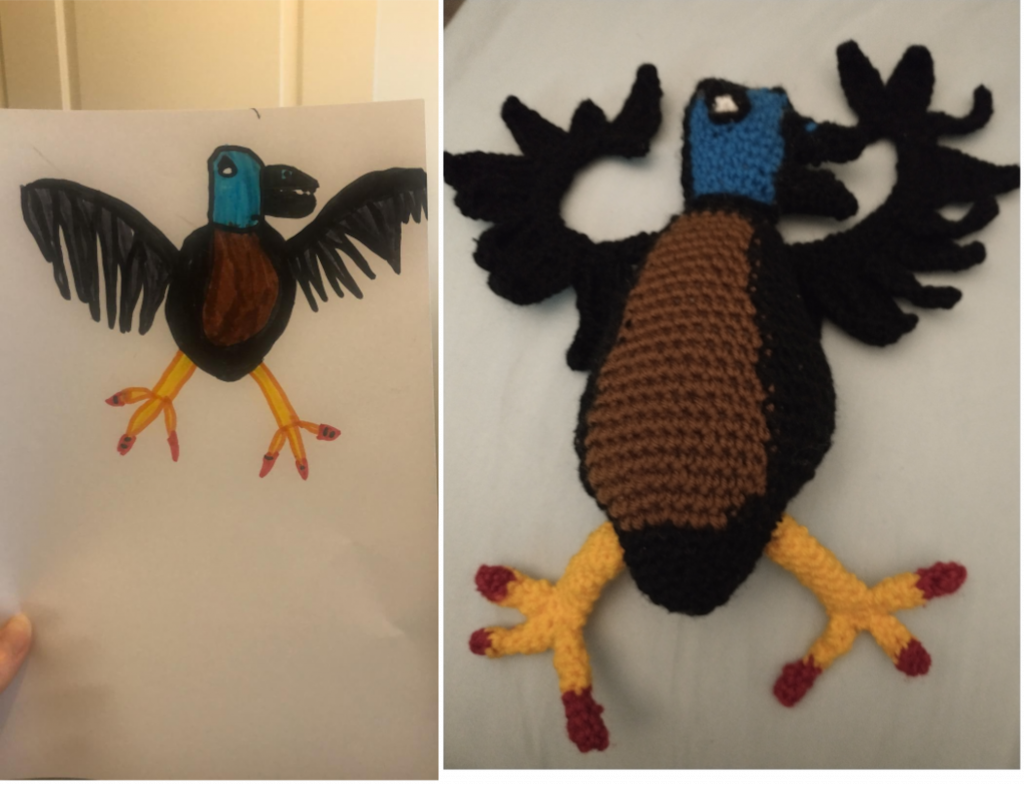 A photo showing a child's drawing of a raven on the left, next to the crochet toy version on the right. The rave has black outstretched wings, a brown front and blue face with a black beak with small, black teeth in it and blue nostrils. He has two yellow legs with three toes with red nails on each.