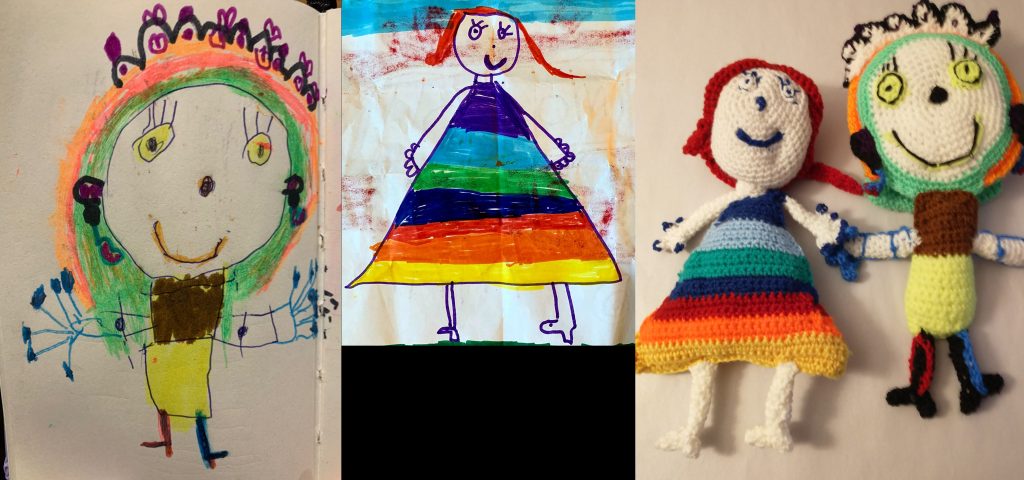 A photo showing three panels. On the left is a drawing of a princess with a large round white head, orange headdress and green hair. She is wearing a brown top and yellow skirt. Next to her is another princess in a very large triangular dress striped in yellow, orange, red, blue, green, light blue and purple from the bottom to the top. on the right is a photo showing both princesses as crochet dolls