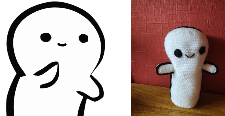 A photo of a drawing of a little white ghost up to the end of the torso with the crochet toy of the same on the right. The little ghost has a black outline, two arms, but no legs, two round black eyes and a little black smile.