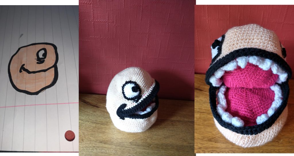 A photo of a drawing of a peach coloured ball smiling. The photo next to it shows the crochet toy with lips outlined in black . On the right the ball is shown from the front with its mouth wide open showing its white teeth and pink mouth