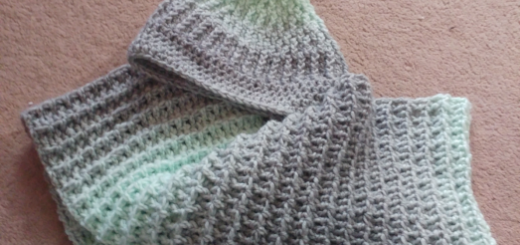 A photo of a mint green and grey crochet hat and scarf. Both are ribbed and the hat has a pom pom on the top