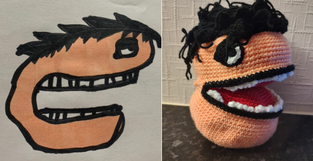 A photo of a peach coloured ball drawing with dark hair and black lips and next to it on the left the crochet toy version