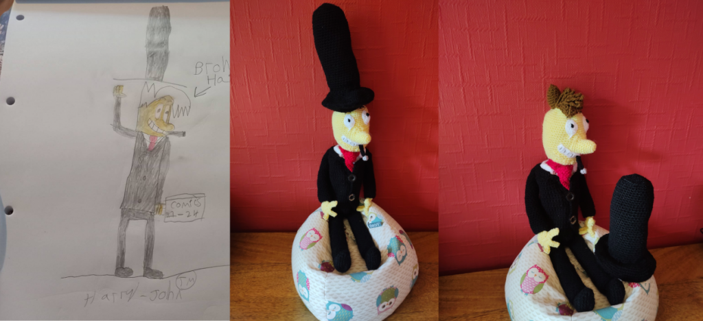 A photo showing a drawing of a man in a black suit jacket and trousers wearing a very tall black hat. He has a yellow cartoon-like face and there are instructions written on the drawing saying he has brown hair. Next to the drawing are two photos of the crochet version of the man sitting on an own cushion. In the first he is wearing his very tall hat and in the second it is next to him so that you can see his brown curly hair. He also has on a white shirt and red tie and is smoking a cigar