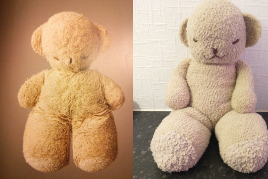 A photo of an old teddy bear with thick legs and short arms on the left, next to the crochet recreation of the same bear on the right. He is a tan colour and has a small sewn on mouth and eyes