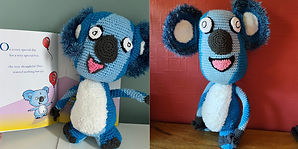 A photo of two blue and whit koala bears based on a picture book which is visible in the left hand photo.