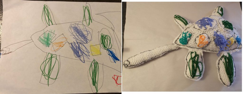 A photo of a child's drawing of a turtle with coloured scribbles for its scales and grey lines on its legs. On the right is the crochet toy version