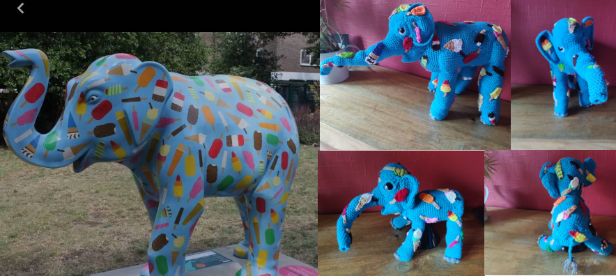 A collage photo of blue elephants covered in various types of ice lollies. The elephant on the left is a statue on which the four elephants on the right , which are crocheted, are based. On the top right is a view of the crochet elephant from the left side on and then another front on, showing its trunk coming out towards the camera. Underneath this is the second crochet elephant, which is smaller than the first, also shown left side on and then from the back sitting down.