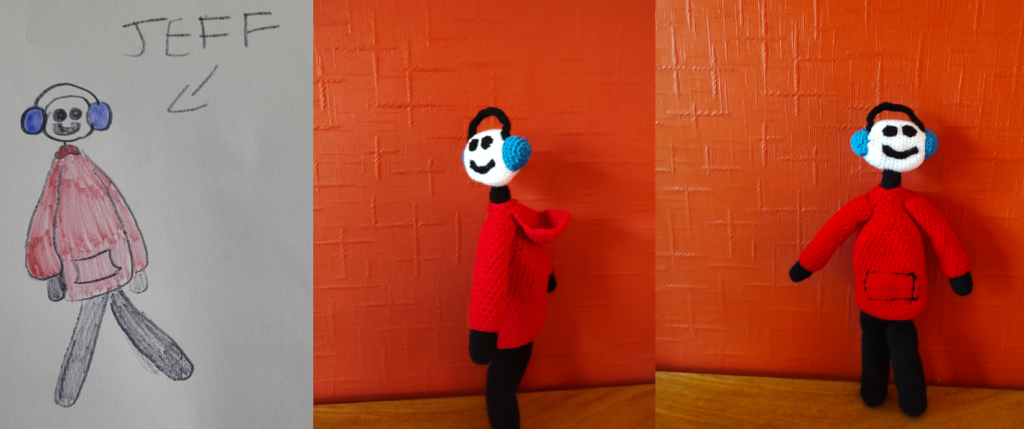 A child's drawing of a guy wearing black trousers and a red hoodie, next to which are two images of the same crochet doll, one side on showing his hoodie and the other front on showing his front hand pocket. Jeff has an oval white head and large round black eyes and a black smile. He is wearing a pair of blue earmuffs with a black band over his head. He has on black gloves and no obvious shoes.