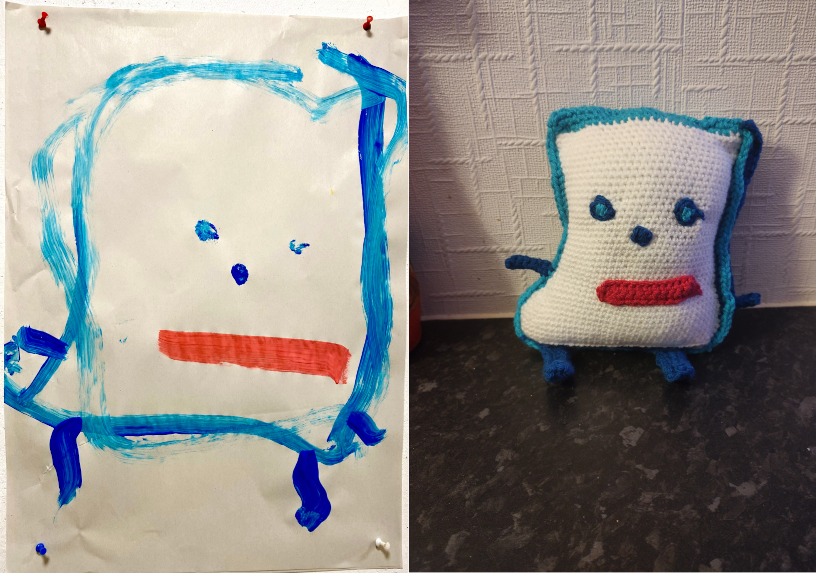 A very young child's drawing of a man who looks like a white piece of toast with a big red horizontal mouth, blue yes and nose and legs and arms. The white is bordered in two shades of blue as the paint strokes have been made thicker of thinner and this is replicate in the crochet version of the drawing on the right.