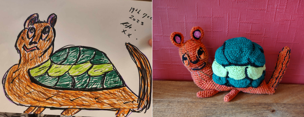 A photo of child's drawing of a turtle that also looks like a cat on the left and the crochet toy of the same on the right. The Turtle Cat is a burnt orange colour with a shell of three overlapping layers of scales. The bottom and top rows are dark green and the middle row is light green. It has a long tail and four stubby legs. It has a large round face with orange eyes and two little orange ears on top of its head with pink centres. It is sporting a happy smile.